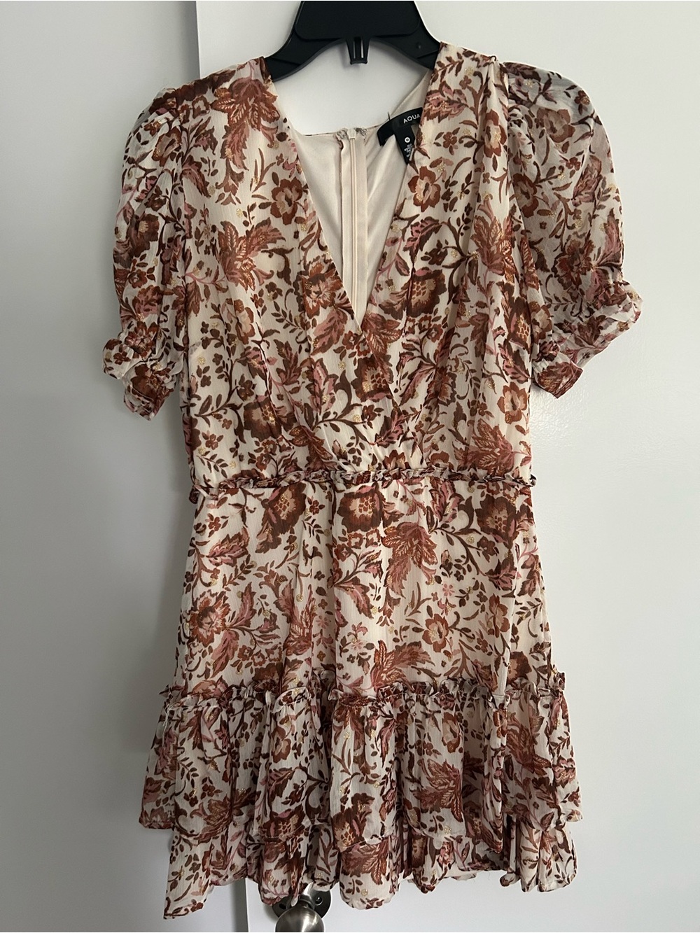 Bloomingdale’s Aqua floral neutral gold metallic short sleeve dress